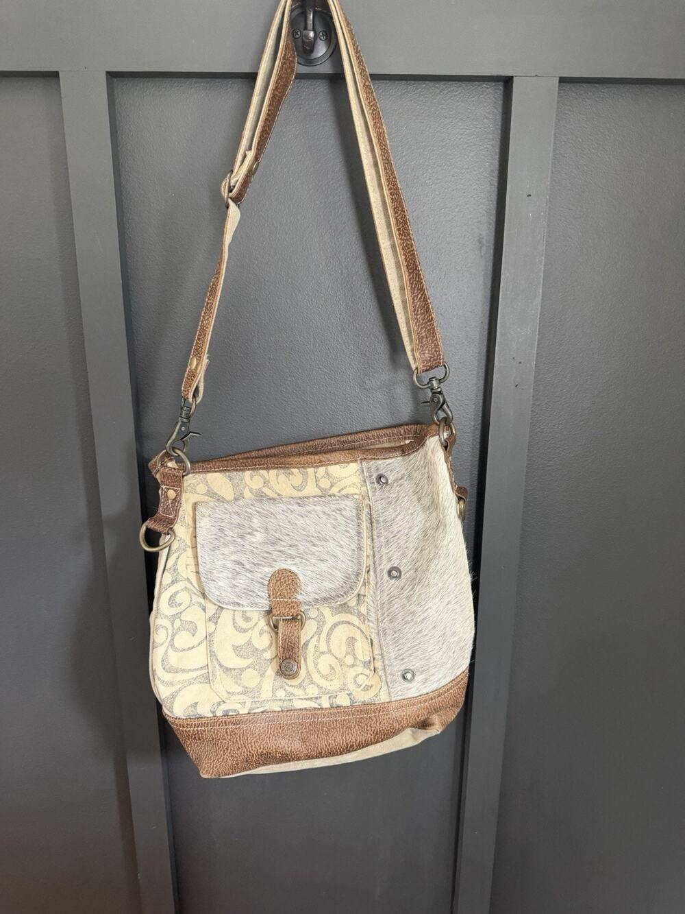 Myra Bag Purse Canvas And Fur Crossbody Western Womens Bag Brown Tribal Leather